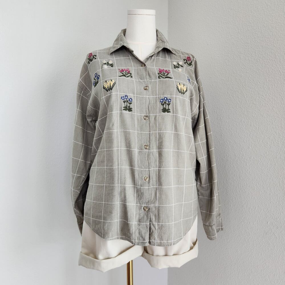 Vintage 90s Sage Green Plaid Floral Embroidered Button Up Shirt Willow Ridge L - Picture 2 of 7